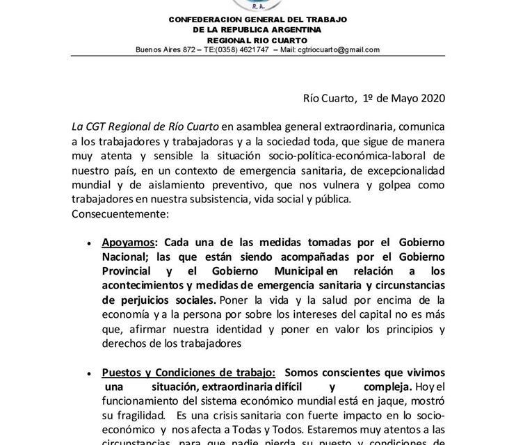 La CGT Río Cuarto respaldó “Poner la vida y la salud por encima de la economía”