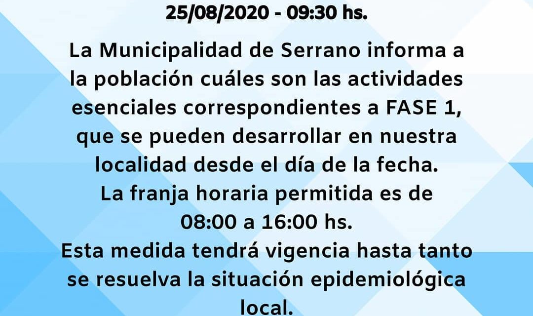 Serrano vuelve a fase 1 de Aislamiento Social, Preventivo y Obligatorio